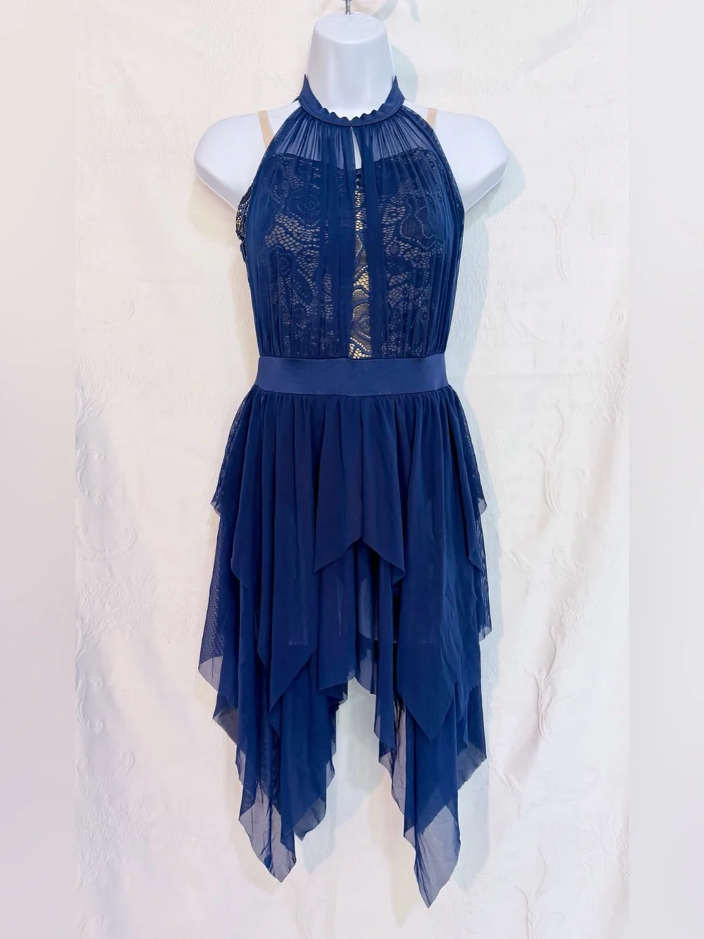 Weissman Navy Blue Halter Lace Chiffon Dance Costume Girls Sz LC D0057